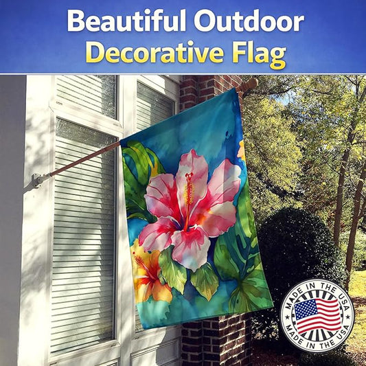 Caroline's Treasures Hawaii Hawaiian Hibiscus in Watercolor House Flag Large Porch Sleeve Pole Decorative Outside Yard Banner Artwork Wall Hanging, Polyester, House Size, Multicolor