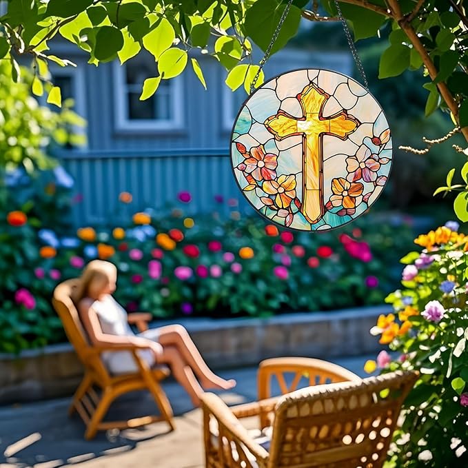 Stained Glass Cross Sun Catcher - 8'' Handcrafted Suncatcher for Window Home Decor, Symbolizing Faith, Hope, and Light, Perfect for Spiritual Spaces, Weddings, and Religious Celebrations (F)