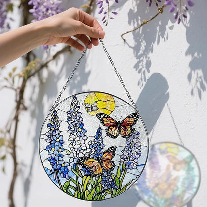 Stained Glass Window Hanging, 8 Inch Lavender & Butterfly Sun Catcher Decor, Stained Glass Ornament, Suncatchers for Windows Hanging, Window Decor, Gifts for Butterfly Lovers, Flower Lovers Gifts