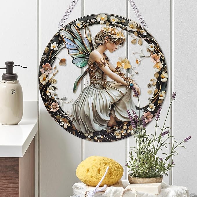 1PC Flower Fairy Acrylic Stained Glass Suncatcher Nature Round Flowers and Girls Suncatcher Hanging Decoration with Metal Chain-SunCatchers for Window Decor Outdoor Garden Decor Gift (C)