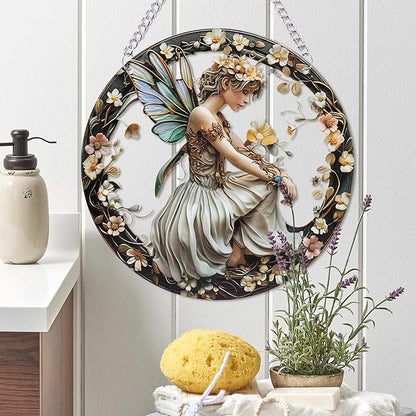 1PC Flower Fairy Acrylic Stained Glass Suncatcher Nature Round Flowers and Girls Suncatcher Hanging Decoration with Metal Chain-SunCatchers for Window Decor Outdoor Garden Decor Gift (C)