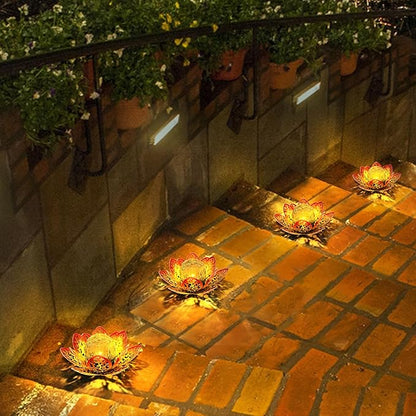 Solar Lights Outdoor Garden 6.3 " Glass Lotus Lamp Waterproof LED Metal Flower Lights Outdoor Garden Table Decor for Outside Balcony, Patio, Deck, Porch, Walkway