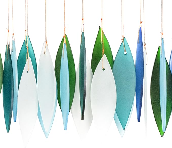 Blue Handworks Ocean Breeze Glass Chime, Sandblasted Glass and Found Wood Handcrafted Wind Chime