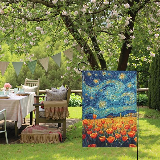 Spring Tulip Garden Flag Summer Van Gogh Starry Night Yard Flags Vibrant Orange Tulips Art Print Seasonal Welcome House Banners for Outdoor Porch Lawn Patio Landscape Decor 12×18 Inch