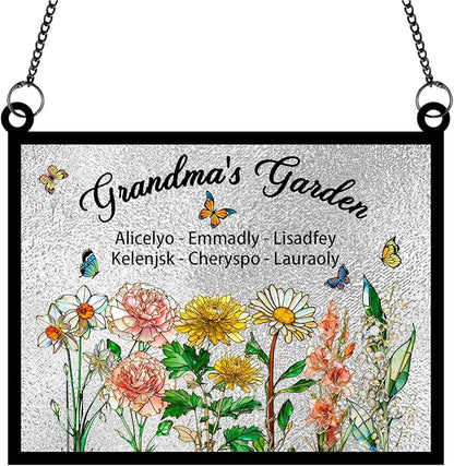 Personalized Grandmas Garden Stained Glass Suncatchers, Custom Name Birth Month Flowers Window Hanging Ornament, Mothers Day Christmas Birthday Gifts for Grandma Mom Nana Mimi (Rectangle 3)