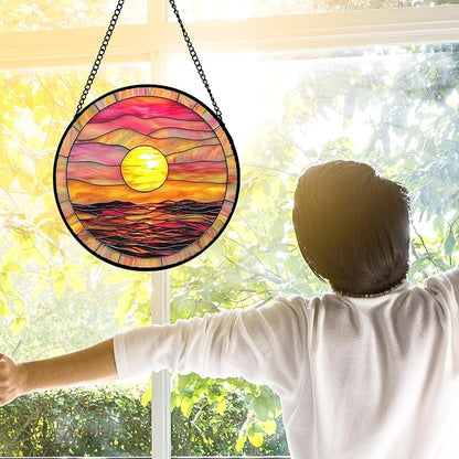DASTOLL Stained Glass Window Hanging, Sunrise Sea Surface Sun Catchers Diamond Glass Panel Hangings Abstract Suncatcher Decor for Birthday for Women, Men, Wife, Aunt, and Mom 6.3 in