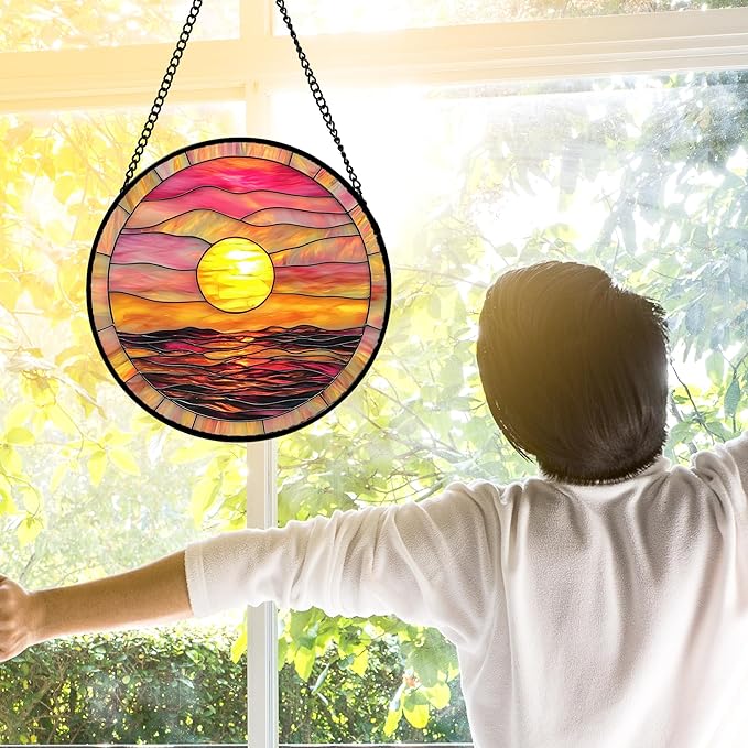 DASTOLL Stained Glass Window Hanging, Sunrise Sea Surface Sun Catchers Diamond Glass Panel Hangings Abstract Suncatcher Decor for Birthday for Women, Men, Wife, Aunt, and Mom 9.8 in