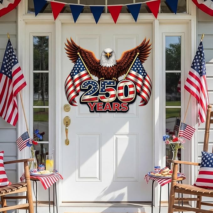 22.4'' 250th Anniversary Eagle Yard Sign Decorations 4th of July Memorial Day Garden Stakes Door Hanging Outdoor Decor 250 Year Patriotic Independence Day Metal Sign with Stake for 1776-2026 Decor