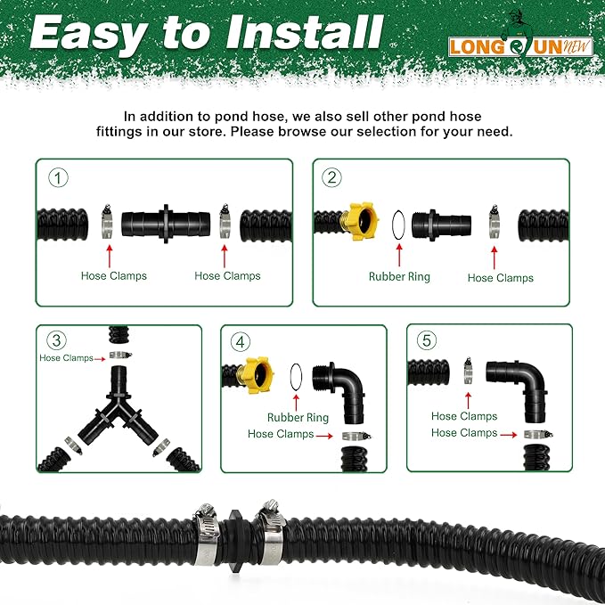 1 Inch Tubing Corrugated Pond Hose 1-Inch ID, 20.6 FT Length, Black PVC Kinkproof Strong Flex Tubing with Pipe Fittings, Aquarium, Pond Waterfall, Garden Pump Hose Drainage Tube