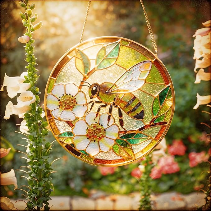LITIVY Stained Glass Window Hanging, Spring Bees & White Dog Rose Suncatcher – Mother’s Day Memorial Gift, Handmade Glass Panel 8 Inch, Whimsical Garden Suncatchers & Rainbow Maker for Women