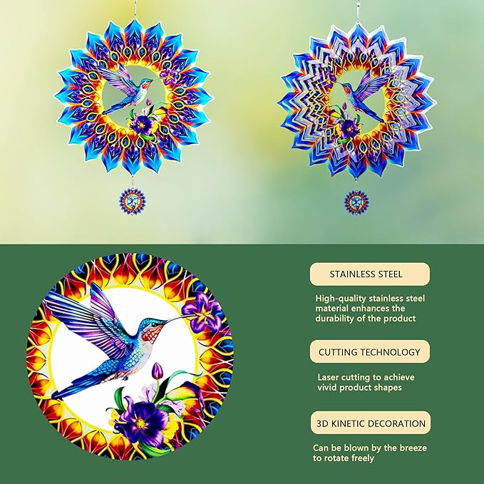 Hummingbird Gifts for Women, Hummingbird Wind Spinner, Birthday Gifts for Women Mom Grandma，12 inch 3D Stainless Steel Hanging Wind Spinners for Garden Decoration