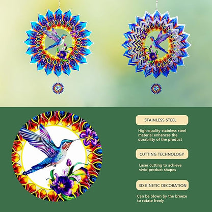 Hummingbird Gifts for Women, Hummingbird Wind Spinner, Birthday Gifts for Women Mom Grandma，12 inch 3D Stainless Steel Hanging Wind Spinners for Garden Decoration
