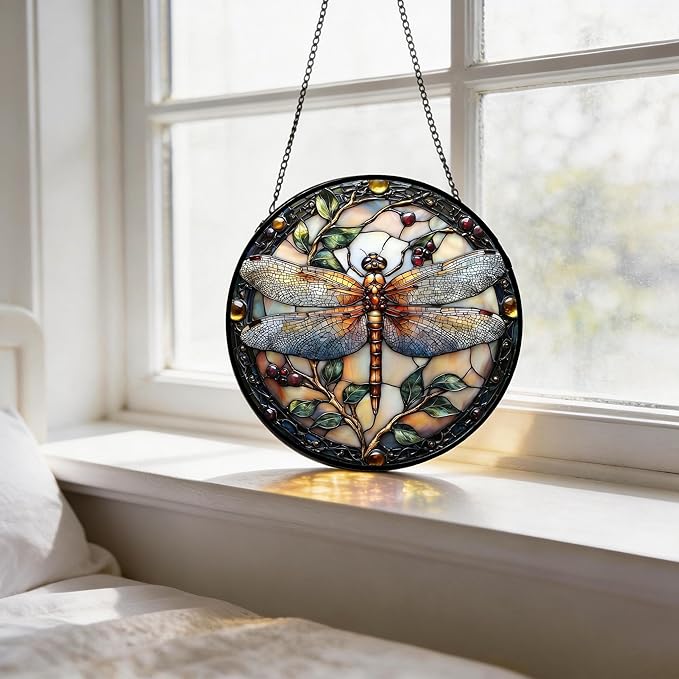 Stained Glass Sun Catcher,A Dragon-flyStained Glass Window Hanging Garden Decor,Sun Catchers Indoor Window,Whimsical Decoration for Home Backyard Patio Lawn Porch with 9.8 INCH