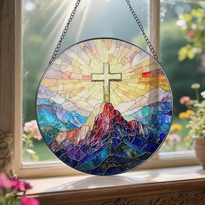 Stained Glass Suncatcher, Cross Sun Catcher Ornament, Easter Faith Cross; Stained Glass Window Hanging, Christmas Ornament, Jesus Home Decor, Christian Home Decor; Christian Gifts, Religious Gifts