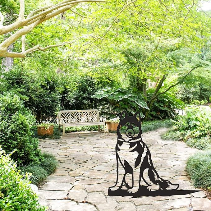 Adorable Dog Stake Decoration Yard Garden Outdoor Metal Art Dog Silhouette Decoration Steel Dogs Statue Adorable Ornament Gift Contour Black Dog (Husky)