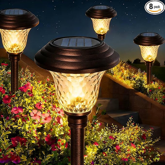 BEAU JARDIN 8 Pack Solar Pathway Lights White+Color Changing Stainless Steel 3 Mode Outdoor Multicolor Metal Solar Powered Waterproof Glass for Garden Landscape Path Yard Walkway Driveway Bronze