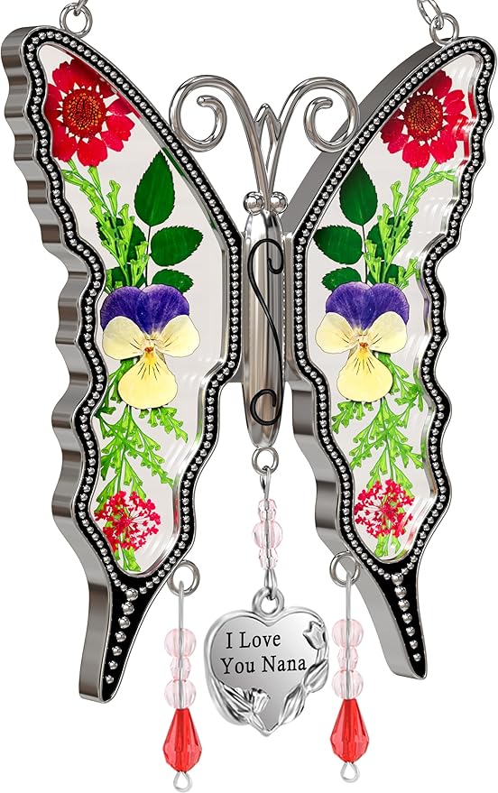 KY&BOSAM Gifts for Nana Butterfly Suncatcher I Love You Nana Stained Glass Window Hanging Wind Chime Ornament with Pressed Dried Flowers and Heart Charm for Mothers Day Birthday Valentines Christmas
