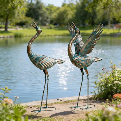 chisheen Crane Garden Statues Outdoor Metal Heron Yard Art Crane for Garden Sculptures Patio Lawn Ornaments,Set of 2