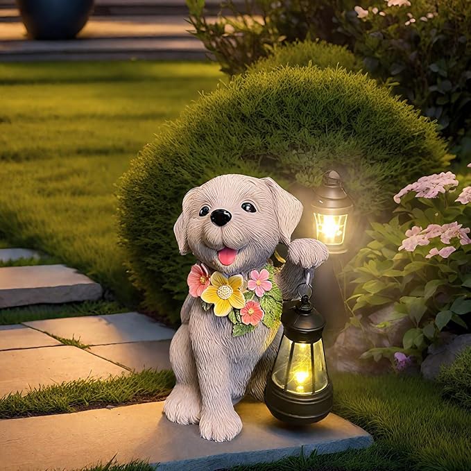 Dog Solar Light, Solar Dogs Statues Outdoor with Lantern, Cute Dogs Garden Figurines for Patio and Yard Decor, Gardening Gifts for Mom, Grandma, Dog Lovers