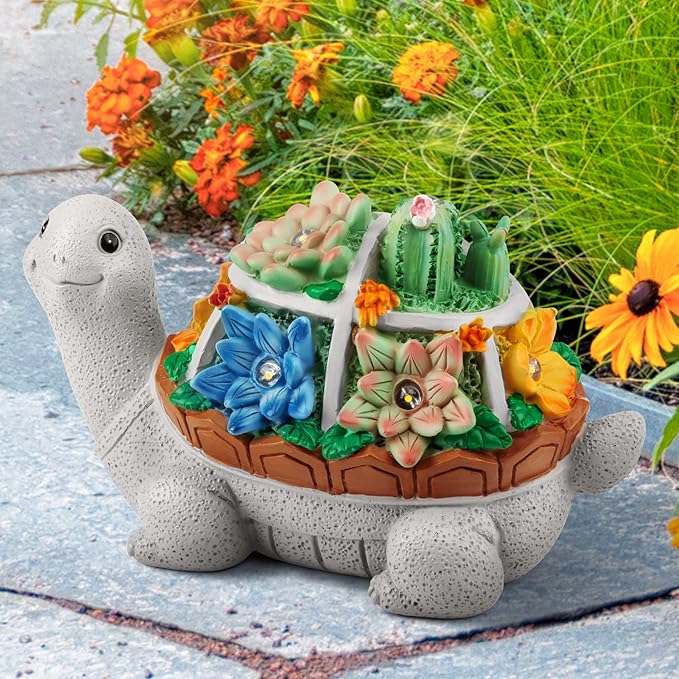 LESES Garden Statues, Turtle Solar Garden Outdoor Statues Lawn Ornaments with Cactus & LED Lights, Tortoise Figurines Outdoor Clearance Funny Decorations for Patio Balcony