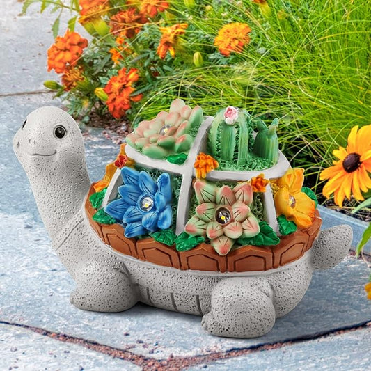 LESES Garden Statues, Turtle Solar Garden Outdoor Statues Lawn Ornaments with Cactus & LED Lights, Tortoise Figurines Outdoor Clearance Funny Decorations for Patio Balcony
