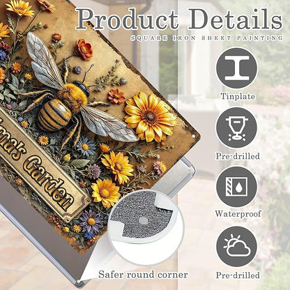 Personalized Metal Signs with Name Made in USA Custom Bee Garden Sign Decorative Metal Print for Wall Decor Customized Home Garden Ideas Gifts Artwork Prints for Yard Ourdoor