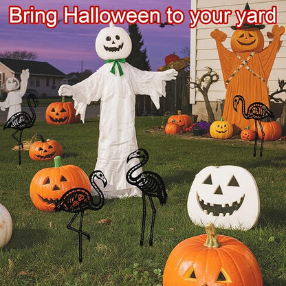 4pcs Halloween Skeleton Flamingo Yard Decorations, Skull Zombie Spooky Flamingo with Metal Stakes for Lawn Graveyard Outdoor & Halloween Outside Garden Ornaments (Black)