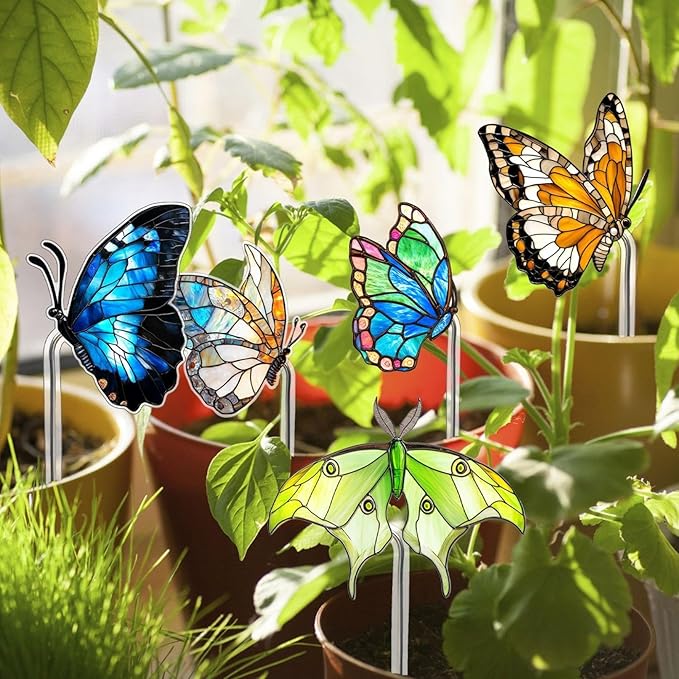 Bird Butterfly Flower Plant Pot Stake Decoration, 4.7 Inch 2D Colorful Acrylic Bird Butterfly Garden Ground Insert Decor, Outdoor Yard Lawn Pathway Patio Art Ornaments, Gifts for Mom (L)