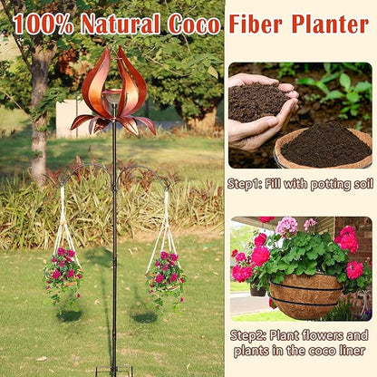 Solar Wind Spinner Outdoor Metal 83 Inch Windmill for Yard Garden Patio Decor Christmas Metal Yard Art Garden Easter Outdoor Decors Large Landscape Light with Shepherd Hooks Coconut Baskets