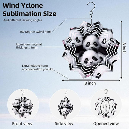 8 Inch Sublimation Wind Spinner, 3D Aluminum Metal Wind Spinner with Hook, Indoor Yard Garden Hanging Decoration, Weather Resistant Rotating Spiral Ornament, Cute Panda Group