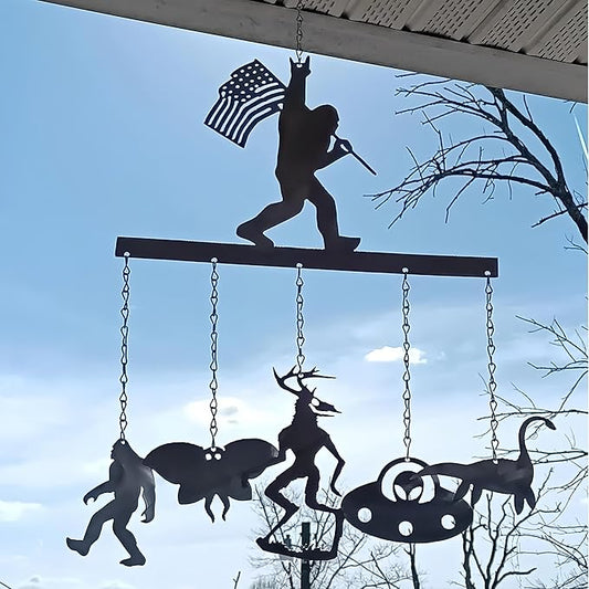 Bigfoot WindChimes Sasquatch Wind Chime Decor, Metal Big Foots Wind Catcher Wall Window Hanging Ornament with 5 Chimes, Outside Indoors Home Lawn Porch Patio Garden Yard Decoration
