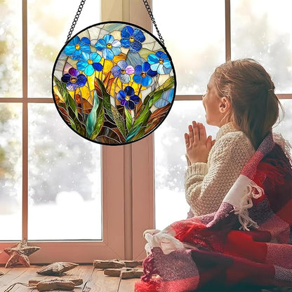 Stained Glass Window Hanging - Blue Wildflower Plant Flowers Sun Catcher for Door Garden Home Decor Suncatcher Christmas Mother's Day Birthday Gifts for Women Men Mom Nana 7.8 in