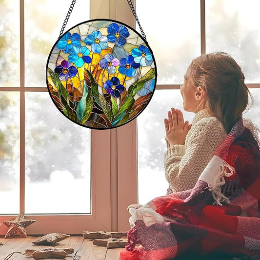 Stained Glass Window Hanging - Blue Wildflower Plant Flowers Sun Catcher for Door Garden Home Decor Suncatcher Christmas Mother's Day Birthday Gifts for Women Men Mom Nana 11.8 in