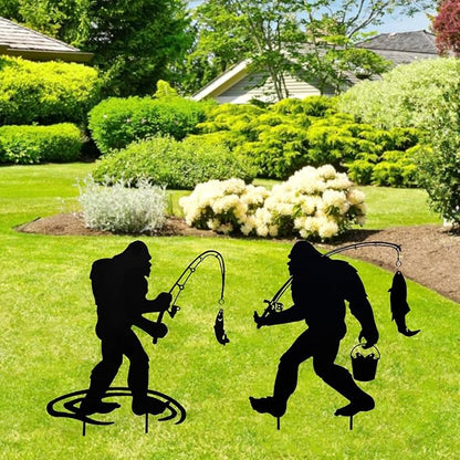 Metal Garden Art, 2-Pack Bigfoot Fishing Statues for Outdoor Decor, Unique Yard Ornaments & Lawn Sculptures, Weatherproof Gift for Garden Lovers