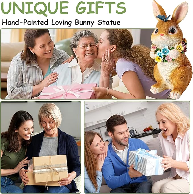 Solar Garden Statues Outdoor Bunny Decorations with Butterfly & Flowers for Mom, Grandma Spring Decor with 6 LED Night Accent Lights for Patio, Yard & Lawn, Christmas Day Figurine