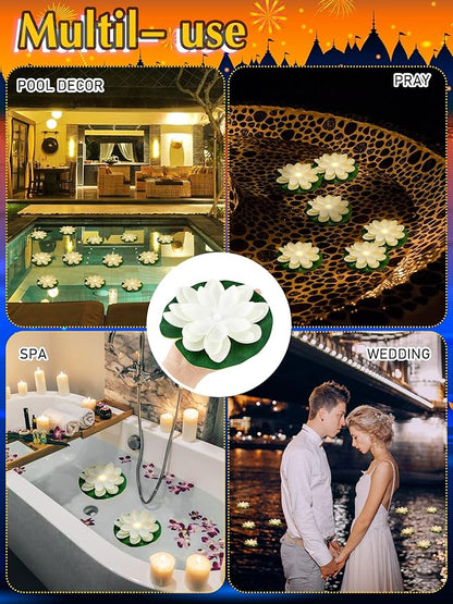 Hortsun 12 Pcs Floating Lotus Lights with Batteries Lily Pads Pool Flowers Floating Candles Decor Artificial Pond Plants Decorations for Pool Pond Outdoor Indoor (White,5.91 Inch)
