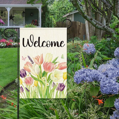 Spring Tulip Welcome Garden Flags for Outside,Welcome Spring Yard Flag for Lawn Porch Outdoor Spring Theme Decorations 12x18 Inch Double Sided