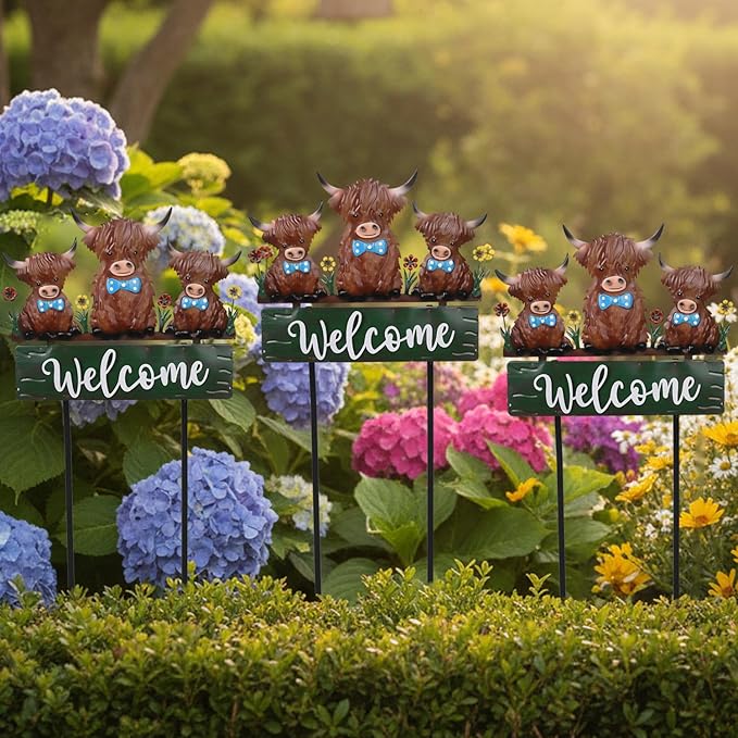 43.3inch Highland Cow Yard Stakes for Decorations Outdoor, Vintage Farmhouse Decorative Garden Stakes Large Metal Yard Art with Welcome Sign