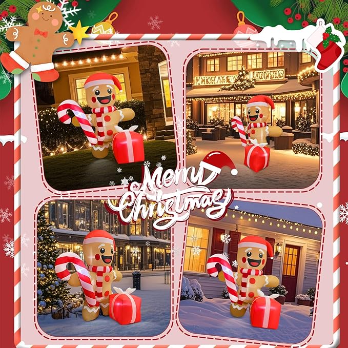 5.5FT Christmas Inflatable Gingerbread 5.5FT Gingerbread Man Inflatable Christmas Outdoor Decoration Xmas Gingerbread Blow Up Decor with Built-in 4 LED for Yard Garden Lawn(with Storage Bag)