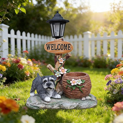 20" Solar Schnauzer Garden Statue with Welcome Sign & Planter - Large Dog Sculpture with LED Street Lantern - Weatherproof Resin Decorative Flower Pot for Porch, Yard & Patio - Pet Lover Gift
