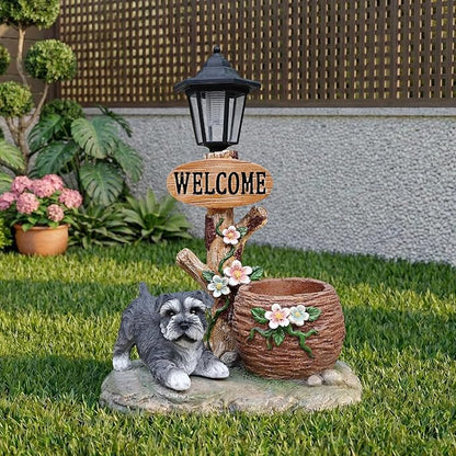 Solar Garden Statue with Planter & Solar Lantern, Outdoor Resin Animal Sculpture, Waterproof Yard Lawn Decor Pot for Succulents, Front Porch Ornament Housewarming Gift (Miniature Schnauzer)