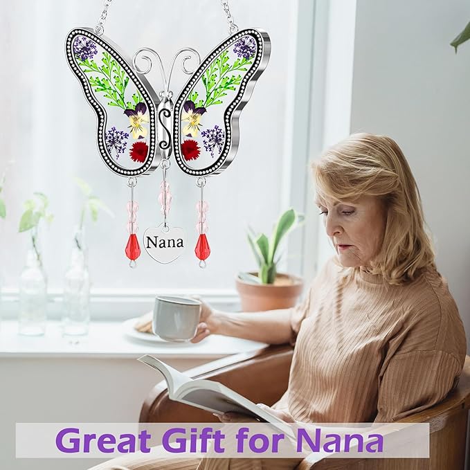 Nana Gift Butterfly Suncatcher for Window Hanging Sun Catchers Ornament with Pressed Flower Nana Heart Charm Birthdays Gift for Women for Nana Gift for Grandma