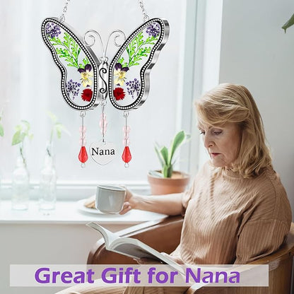 Nana Gift Butterfly Suncatcher for Window Hanging Sun Catchers Ornament with Pressed Flower Nana Heart Charm Birthdays Gift for Women for Nana Gift for Grandma