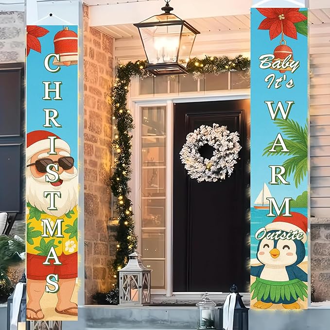 Tropical Christmas Porch Banner 12x71 Inch Beach Santa Penguin Christmas Door Banner Holiday Front Door Decor Outdoor Hanging Sign for Winter Christma Decorations Xmas Porch Sign for Front Door Outdoor Winter Home Decor