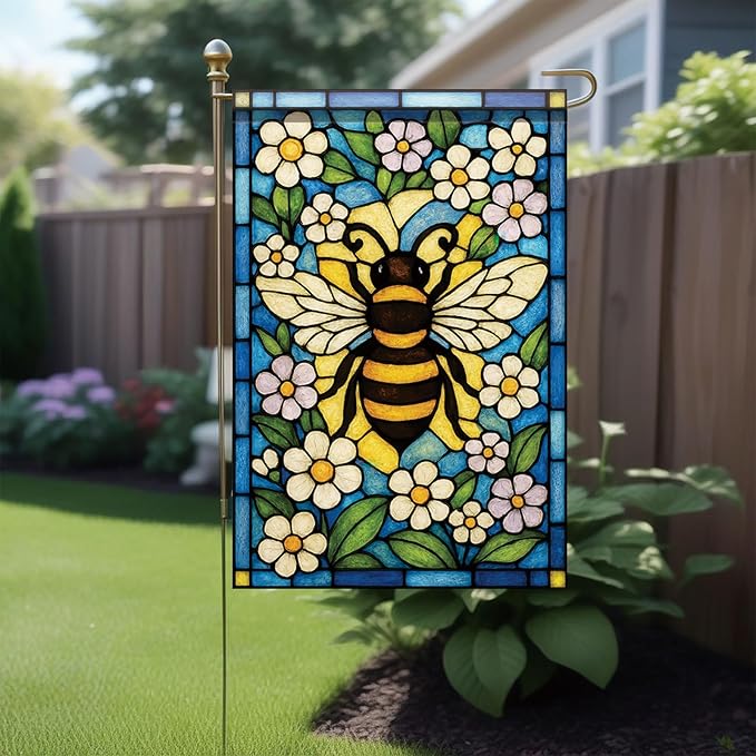Spring Summer Garden Flag 12x18 Inch Stained Glass Bee Floral Art Nature Pollinator Design Outdoor Yard Porch Lawn Garden for Seasonal Cottage Farmhouse Home Decor