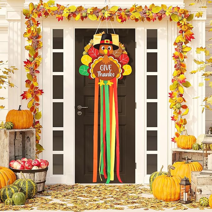 Thanksgiving Turkey Windsock with Streamers Thanksgiving Decorations Outdoor Hanging Decor for Fall Garden Flag Holiday Party Home Tree Lawn Patio Window Yard Wall Balcony Riband Wind Sock Colorful