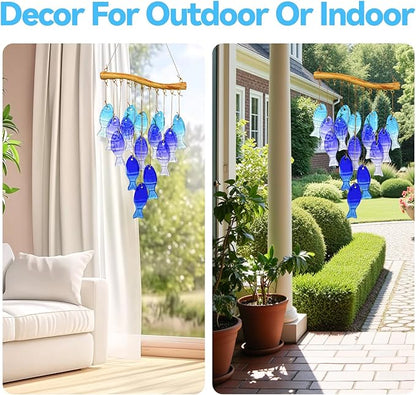Sea Glass Wind Chime, Fish Shape Glass Windchime for Outside, Indoor Outdoor Decor for Patio Garden Yard, Nice Gifts for Mom & Women, Memorial Sympathy Gift for Home