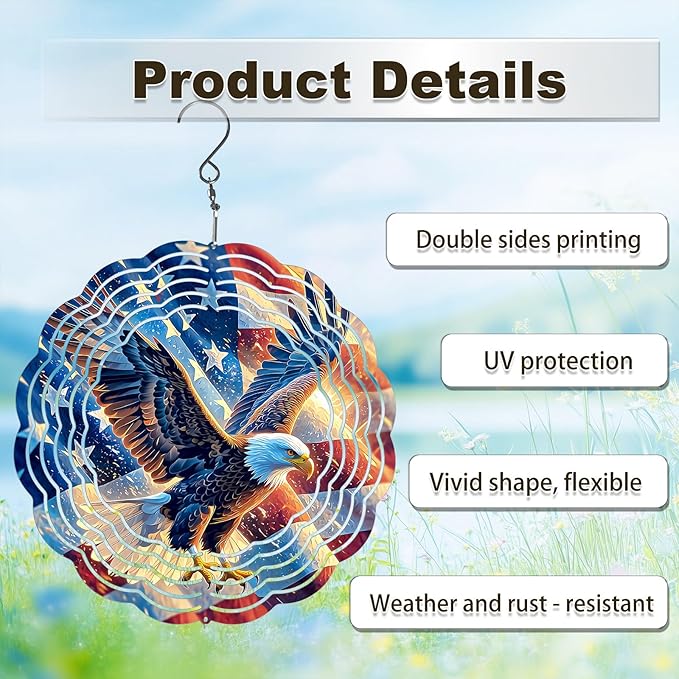 Eagle Flag Wind Spinner Outdoor, USA 250th Anniversary Wind Chime, 8 Inch 3D Metal Garden Wind Spinner, Stainless Steel Patriotic Yard Hanging Decor Gift