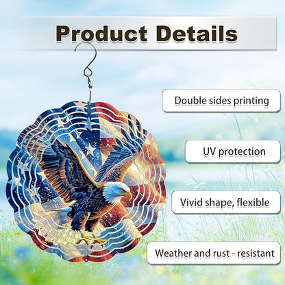 Eagle Flag Wind Spinner Outdoor, USA 250th Anniversary Wind Chime, 8 Inch 3D Metal Garden Wind Spinner, Stainless Steel Patriotic Yard Hanging Decor Gift