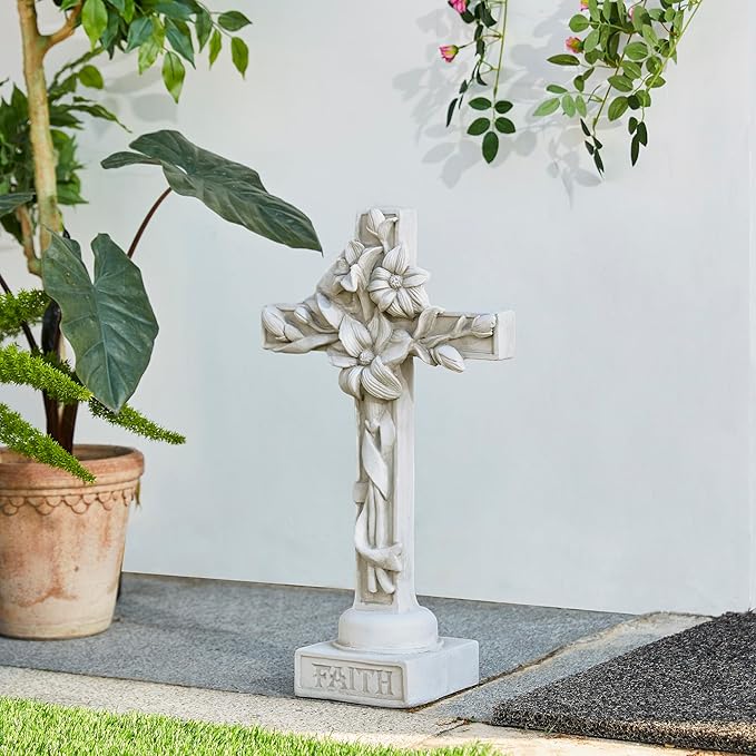 Glitzhome Holy Cross with Lily Garden Statue MGO Outdoor Decoration, 13.75" H, Ash Gray